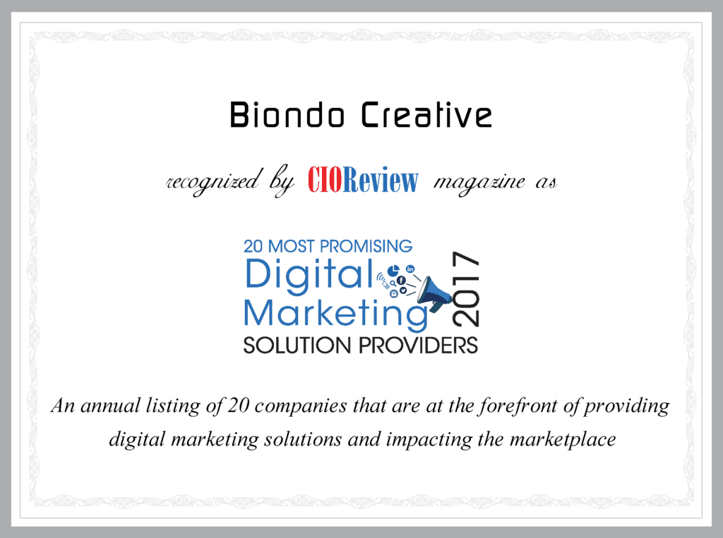 Biondo Creative Named to 20 Most Promising Digital Marketing Solution Providers of 2017 by CIO Review Magazine