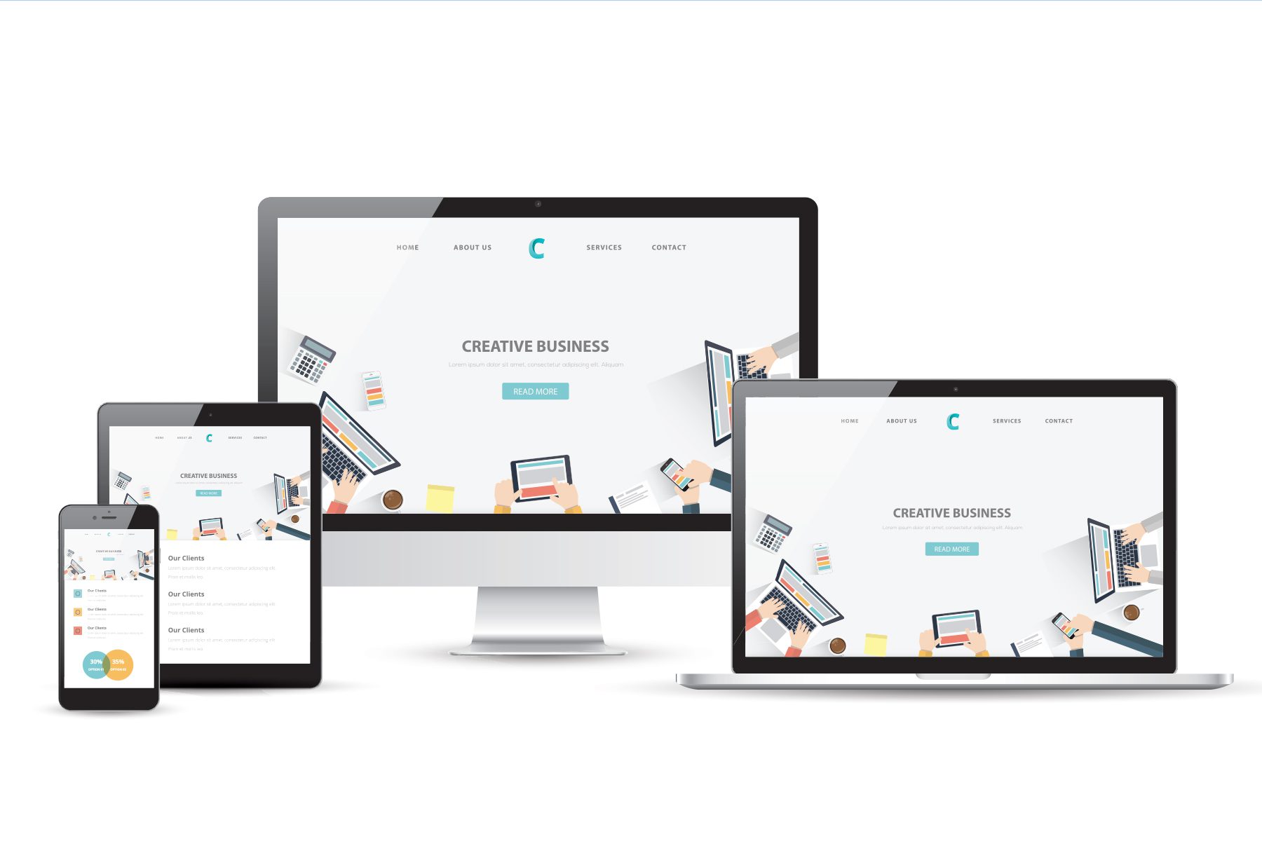 Desktop, laptop, tablet and phone showing a responsive web design