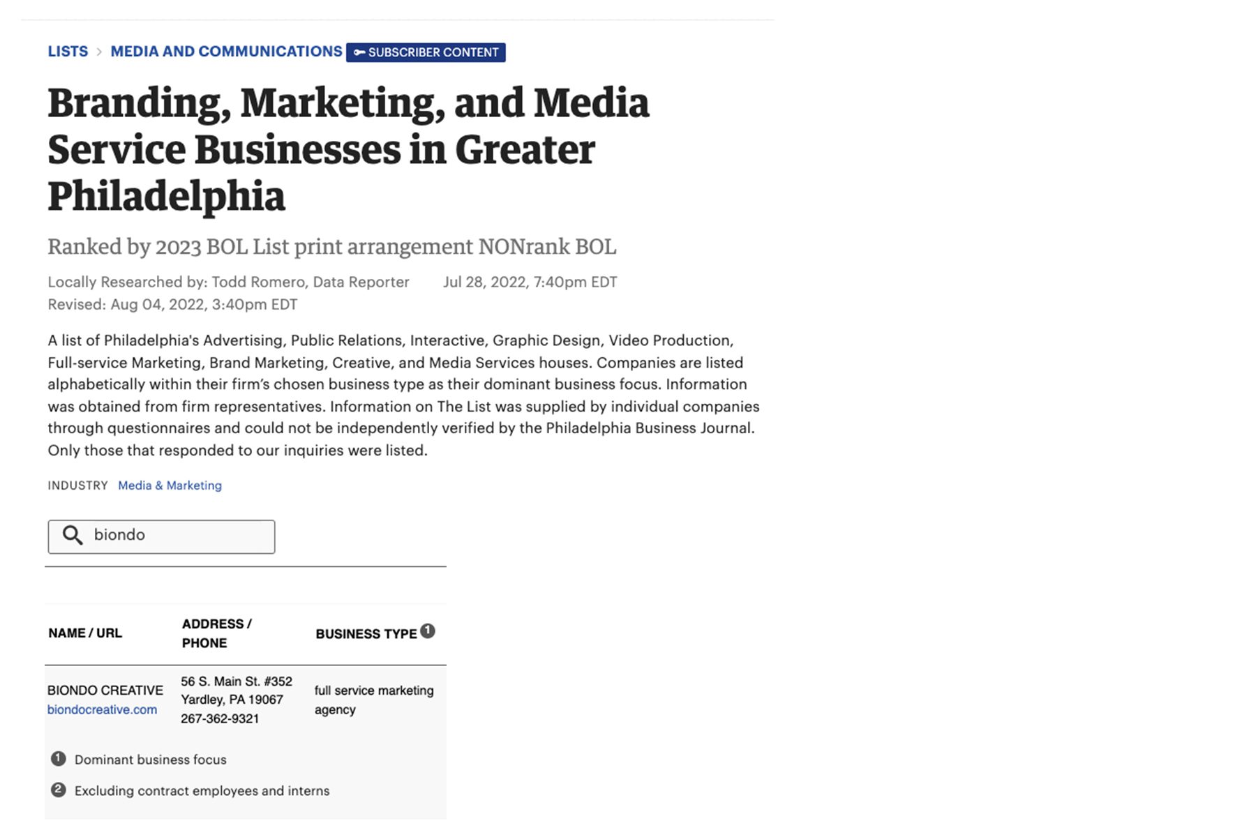 Biondo Creative is listed in the Philadelphia Business Journal's Branding, Marketing and Media Service Businesses in Greater Philadelphia